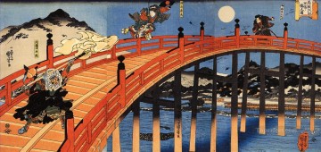 350 人の有名アーティストによるアート作品 Painting - 五条橋での義経と弁慶の月光合戦 歌川国芳浮世絵